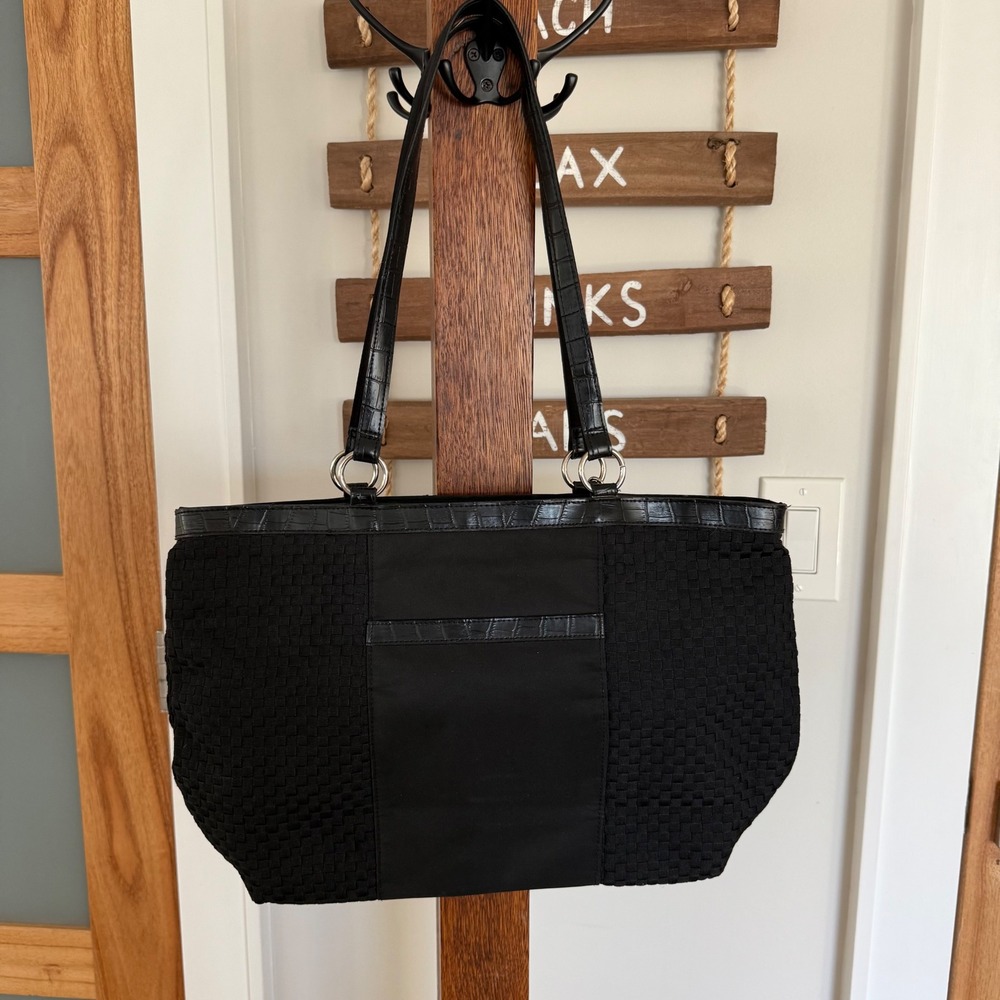 Coldwater Creek Black Woven Tote Bag Faux Croc Trim Shoulder Bag Zip Close EUC